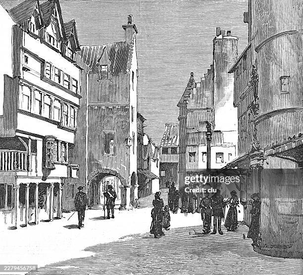 street in old edinburgh — tall closes, stepped gables and shadowed stone fronts frame a quiet scottish street with small figures in conversation - edinburgh stock illustrations