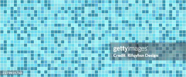 abstract blue swimming pool mosaic tile seamless pattern background, textured ceramic bathroom wall and floor design, modern pixel art water texture, turquoise geometric tileable vector banner template - white granite stock illustrations