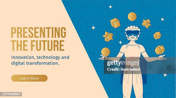 modern technology banner template with woman using virtual reality glasses in wireframe digital room in outline style with gold and blue colors - web development 3d stock illustrations