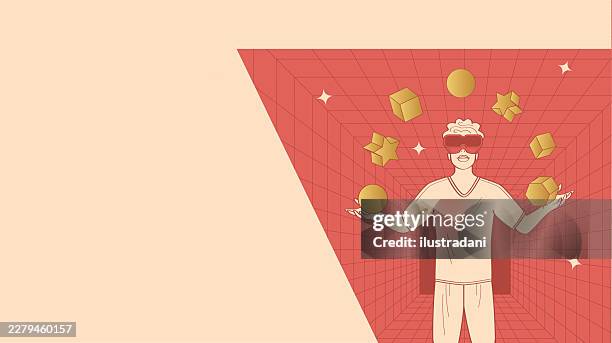modern technology landing page template with man using virtual reality glasses in red wireframe digital room in elegant outline style with copy space - interactive presentation stock illustrations