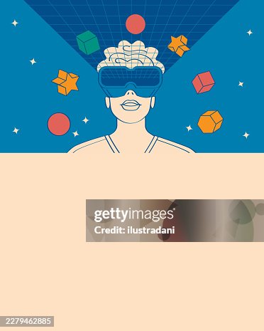 Modern technology Post template with man close-up using virtual reality glasses in wireframe blue room in outline style with copy space. Modern technology Post template with man close-up using virtual reality glasses in wireframe blue room in outline style with copy space.