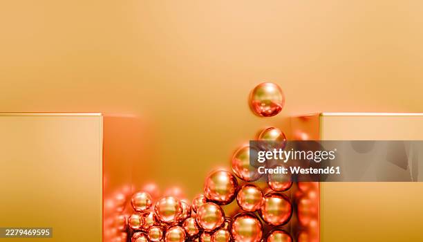 abstract 3d render of shiny orange spheres falling into a gap - the gap stock illustrations
