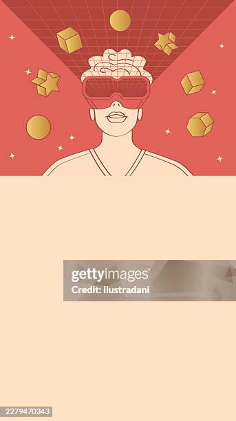 modern technology story template with man close-up using virtual reality glasses in wireframe red room in elegant outline style with copy space - man vr headset stock illustrations