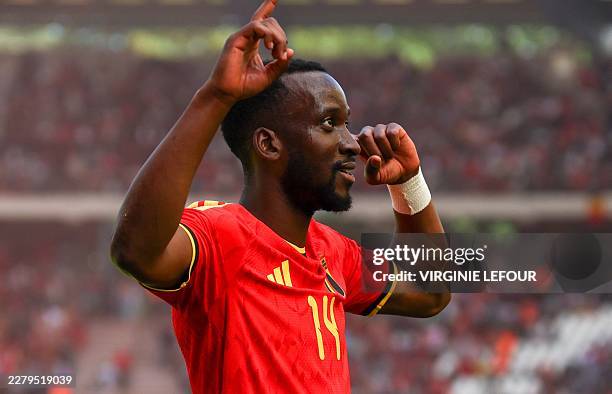 Belgium's Dodi Lukebakio celebrates after scoring during a friendly soccer game between Belgian national team Red Devils and Tunisia, Saturday 06...