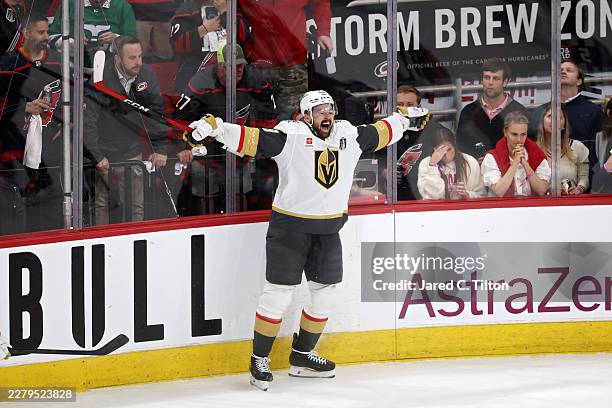 Tomas Hertl of the Vegas Golden Knights celebrates after scoring a goal against the Carolina Hurricanes during the third period in Game One of the...