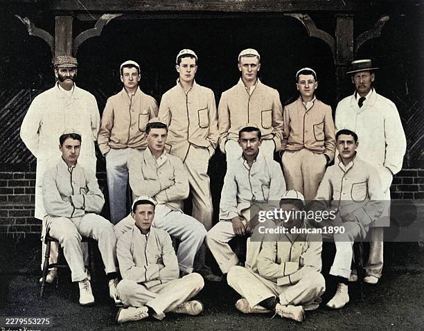 history cricket, wellington college cricket team, vintage photograph 19th century 1890s - cricket team stock illustrations