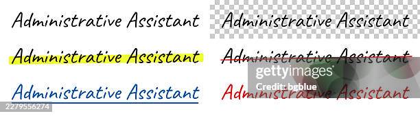 administrative assistant - handwritten text, highlighted, crossed out, underlined on blank background - admin assistant stock illustrations