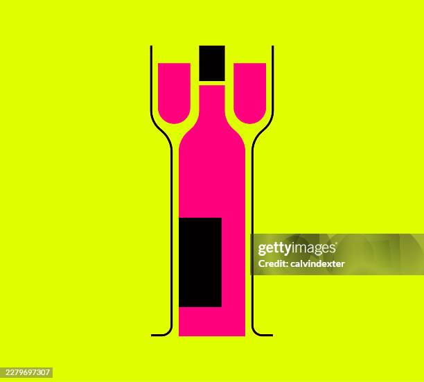 wine bottle and wineglasses in neon colors - fancy restaurant stock illustrations