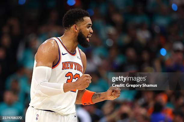 Karl-Anthony Towns of the New York Knicks reacts during the fourth quarter against the San Antonio Spurs in Game One of the 2026 NBA Finals at Frost...