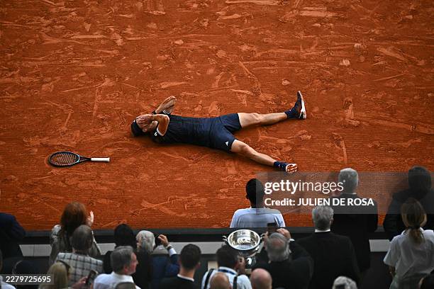 Germany's Alexander Zverev celebrates after winning the French Open tennis tournament men's singles final match against Italy's Flavio Cobolli on day...