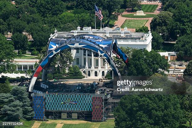 In an aerial view from the Washington Monument, preparations continue for the Ultimate Fighting Championship Freedom 250 event on the White House...