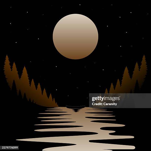abstract moonlit forest river landscape with reflection vector illustration - black cherry stock illustrations