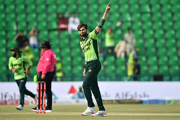 Shaheen Shah Afridi of Pakistan celebrates wicket of Matt Short of Australia during game three of the One Day International series beteeen Pakistan...