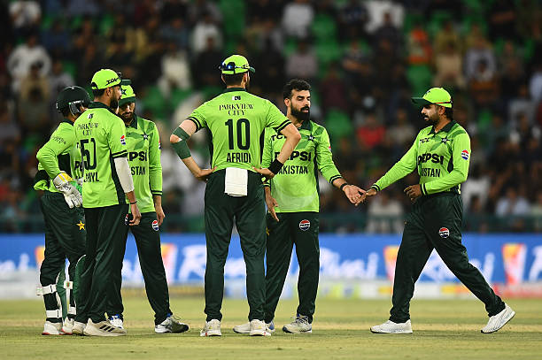 Team Pakistan celebrates wicket of Adam Zampa of Australia during game three of the One Day International series between Pakistan and Australia at...