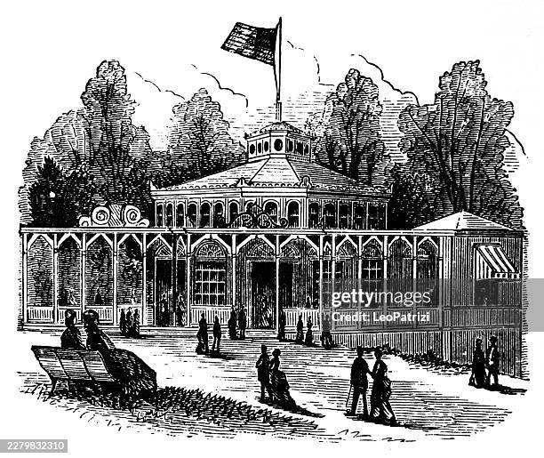 architectural view of an elegant polygonal national pavilion featuring a detailed ground-floor colonnade and a soaring flag - pavilion stock illustrations