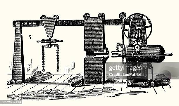 technical illustration of a heavy-duty hydrostatic wheel press featuring a robust horizontal iron frame and hydraulic ram mechanisms - hydraulics stock illustrations