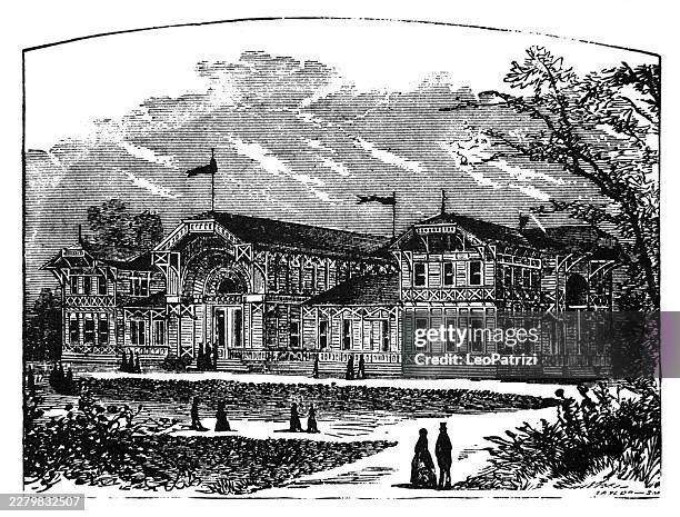 perspective view of a sprawling timber hospitality pavilion featuring ornate stick-work framing and deep shaded porches - pavilion stock illustrations