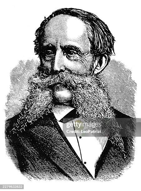 studio portrait of a distinguished nineteenth-century financier featuring an exceptionally voluminous, flowing mustache and beard combination - old man studio stock illustrations