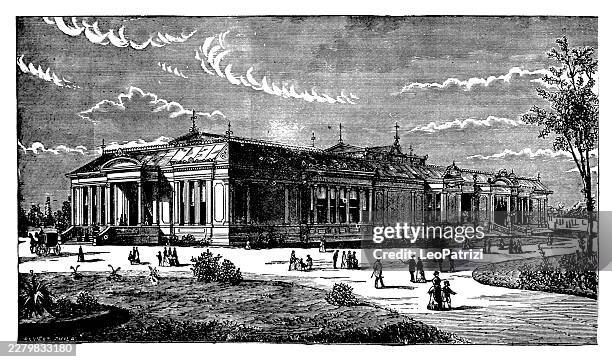 architectural drawing of a grand classical pavilion featuring extensive skylights and surrounding parkland filled with victorian fairgoers - pavilion stock illustrations