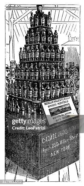 historical commercial display of imported port wines arranged in a towering pyramid within an agricultural hall - cellar stock illustrations
