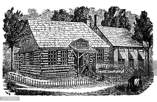 perspective view of a rustic timber exhibition pavilion with a shingled roof and victorian visitors on a fenced garden lawn - pavilion stock illustrations