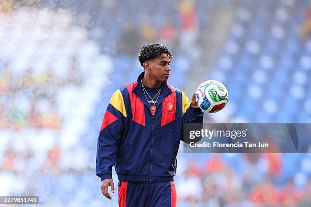 Lamine Yamal of Spain looks on prior to the international friendly match between Spain and Iraq at Riazor Stadium on June 04, 2026 in La Coruna,...