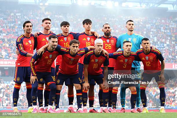 The team of Spain line up during the international friendly match between Spain and Iraq at Riazor Stadium on June 04, 2026 in La Coruna, Spain.