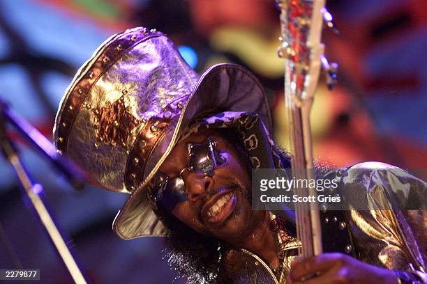 Bootsy Collins gets down at George Clinton's birthday party Thursday night in the hangar at Woodstock '99 in Rome, New York at Griffiss AFB Park for...