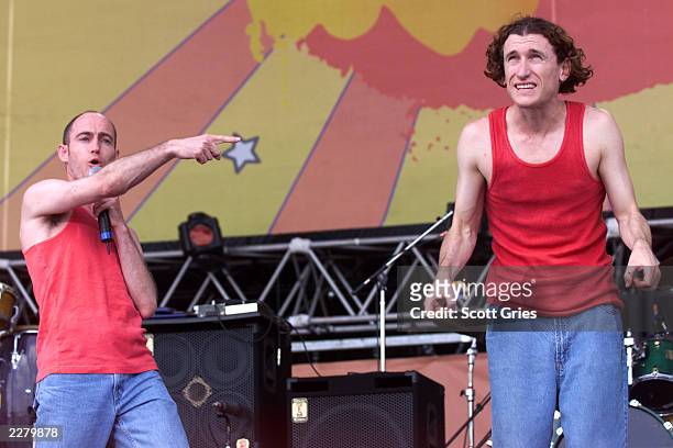 The Umbilical Brothers perform on the west stage Friday at Woodstock '99 in Rome, New York at Griffiss AFB Park for the 30th Anniversary concert....