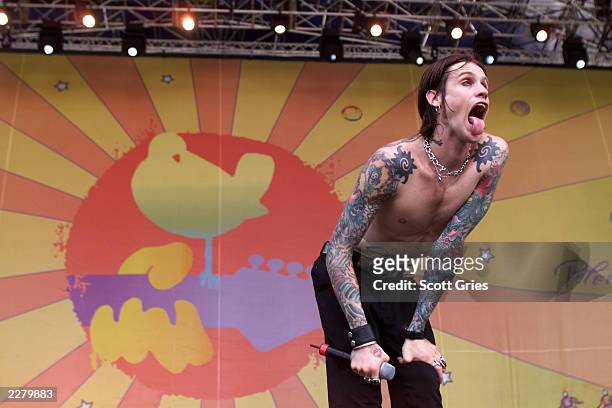 Buckcherry performs on the west stage Friday at Woodstock '99 in Rome, New York at Griffiss AFB Park for the 30th Anniversary Concert. They are among...