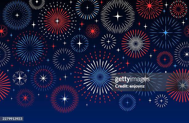 seamless radiating fireworks and stars 4th of july patriotic background - 4th of july fireworks stock illustrations
