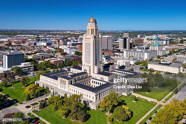 nebraska state capitol and lincoln skyline aerial - lincoln nebraska stock pictures, royalty-free photos & images