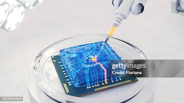 bio-computing: microinjecting data into an organic processor - neuron schema stock pictures, royalty-free photos & images