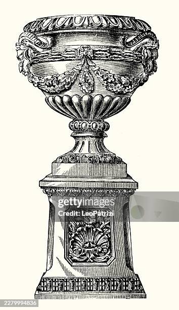 terra-cotta vase by galloway and graff on an ornate pedestal featuring neoclassical relief carvings and decorative garlands - flower arrangement stock illustrations