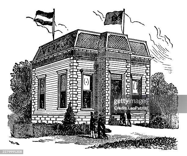 the vermont state building featuring second empire architecture and flags flying from the mansard roof - siding stock illustrations