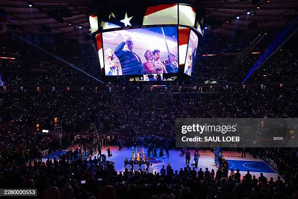 President Donald Trump is seen on the jumbotron ahead of the start of Game Three of the NBA Finals between the San Antonio Spurs and the New York...