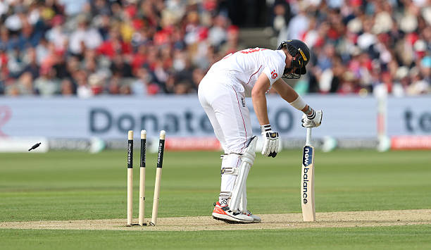 Jamie Smith of England is bowled by Nathan Smith during day two of the 1st Rothesay test match between England and New Zealand at Lord's Cricket...