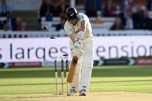 Will O’Rourke of New Zealand is bowled by Gus Atkinson of England during the 1st Rothesay Test Match between England and New Zealand at Lord's...