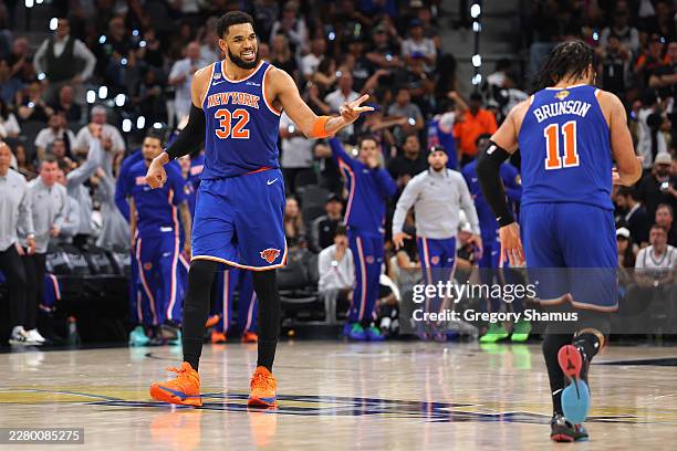Karl-Anthony Towns of the New York Knicks reacts during the third quarter against the San Antonio Spurs in Game Two of the 2026 NBA Finals at Frost...