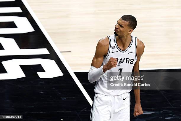 Victor Wembanyama of the San Antonio Spurs reacts after his made basket during the fourth quarter against the New York Knicks in Game Two of the 2026...