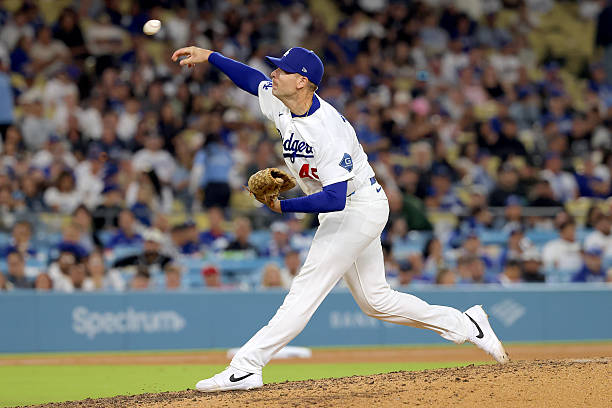 Blake Treinen of the Los Angeles Dodgers pitches during the ninth inning against the Los Angeles Angels at Dodger Stadium on June 05, 2026 in Los...