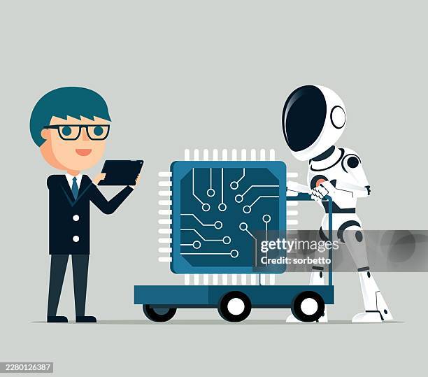 computer chip - robot - holding computer chip stock illustrations