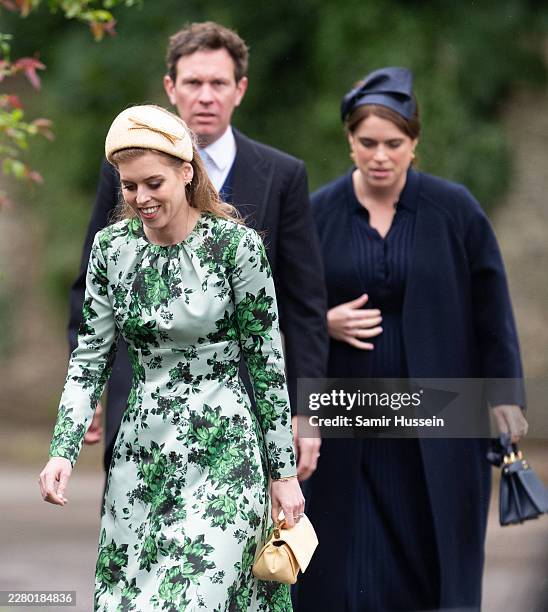 Jack Brooksbank, Princess Eugenie of York and Princess Beatrice of York arrive for the Royal wedding of Peter Phillips and Harriet Sperling at All...