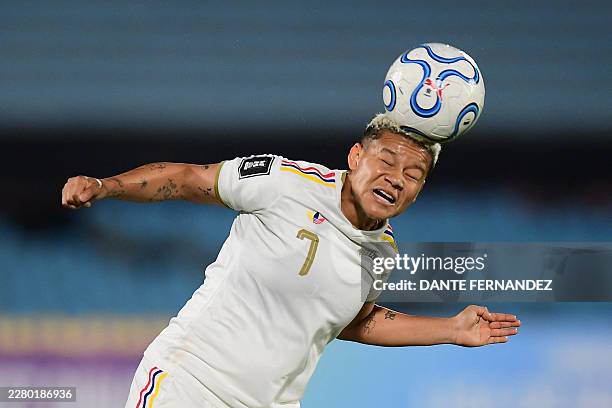 Venezuela's midfielder 07 Daniuska Rodriguez heads the ball during the CONMEBOL Nations League Women football match between Uruguay and Venezuela at...