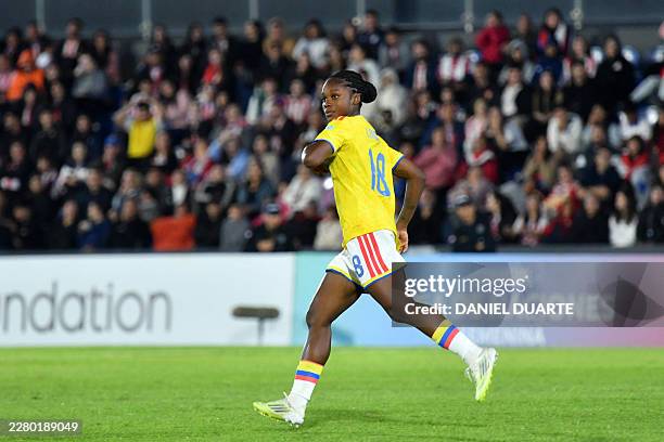Colombia's forward Linda Caicedo celebrates scoring her team's third goal during the CONMEBOL Nations League Women football match between Paraguay...