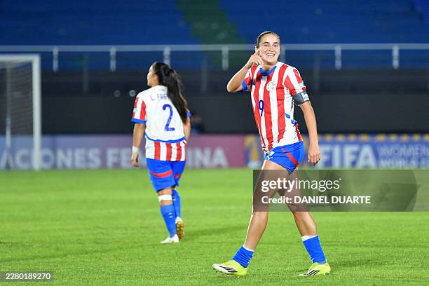 Paraguay's forward Lice Chamorro celebrates scoring her team's third goal during the CONMEBOL Nations League Women football match between Paraguay...