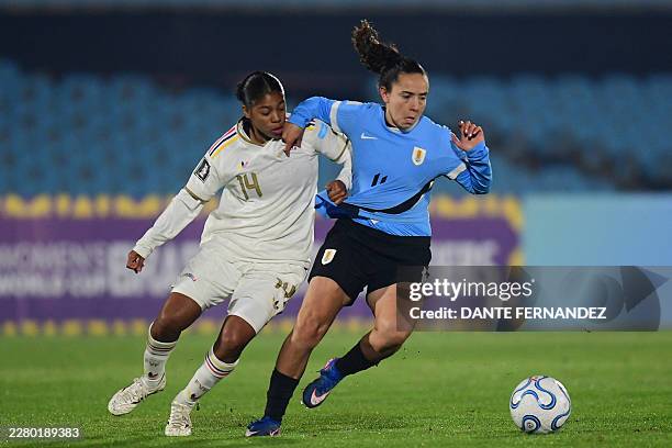 Venezuela's defender Raiderlin Carrasco and Uruguay's forward Esperanza Pizarro fight for the ball during the CONMEBOL Nations League Women football...