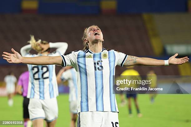 Maria Bonsegundo of Argentina celebrates after scoring her team's first goal during a CONMEBOL Liga De Naciones Femenina 2025-26 match between...