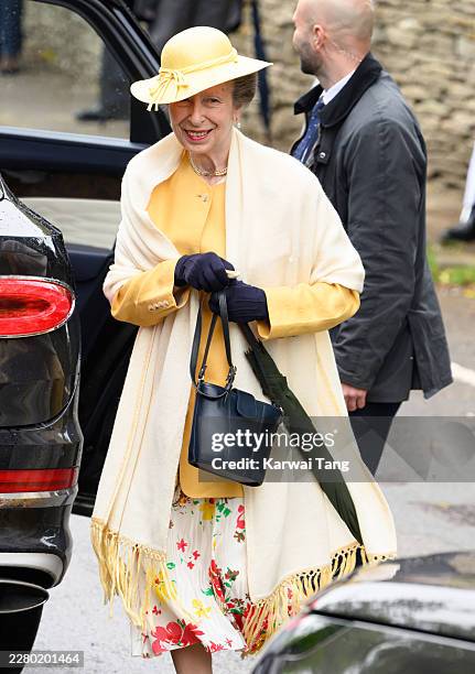 Princess Anne, Princess Royal arrives for the Royal wedding of Peter Phillips and Harriet Sperling at All Saints Church on June 06, 2026 in Kemble,...