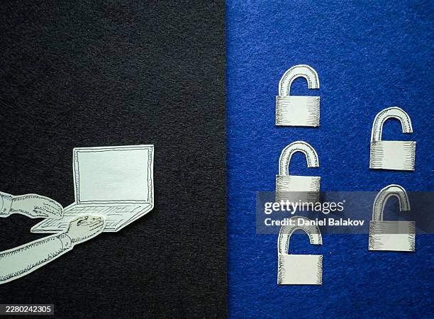 hacker hands accessing laptop for cyber attack and data breach - dark web laptop stock illustrations